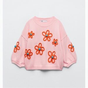 ZARA pink floral embroidered sweater